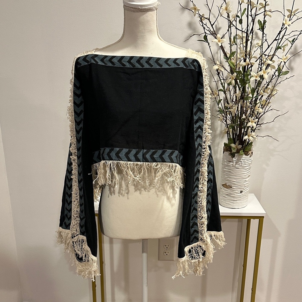 Boho Black and Cream Fringe Crop Top